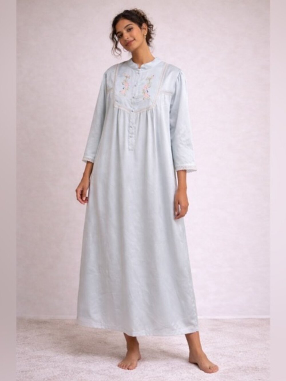 La Lingerie Light Blue Satin Embroidered Nightgown – M